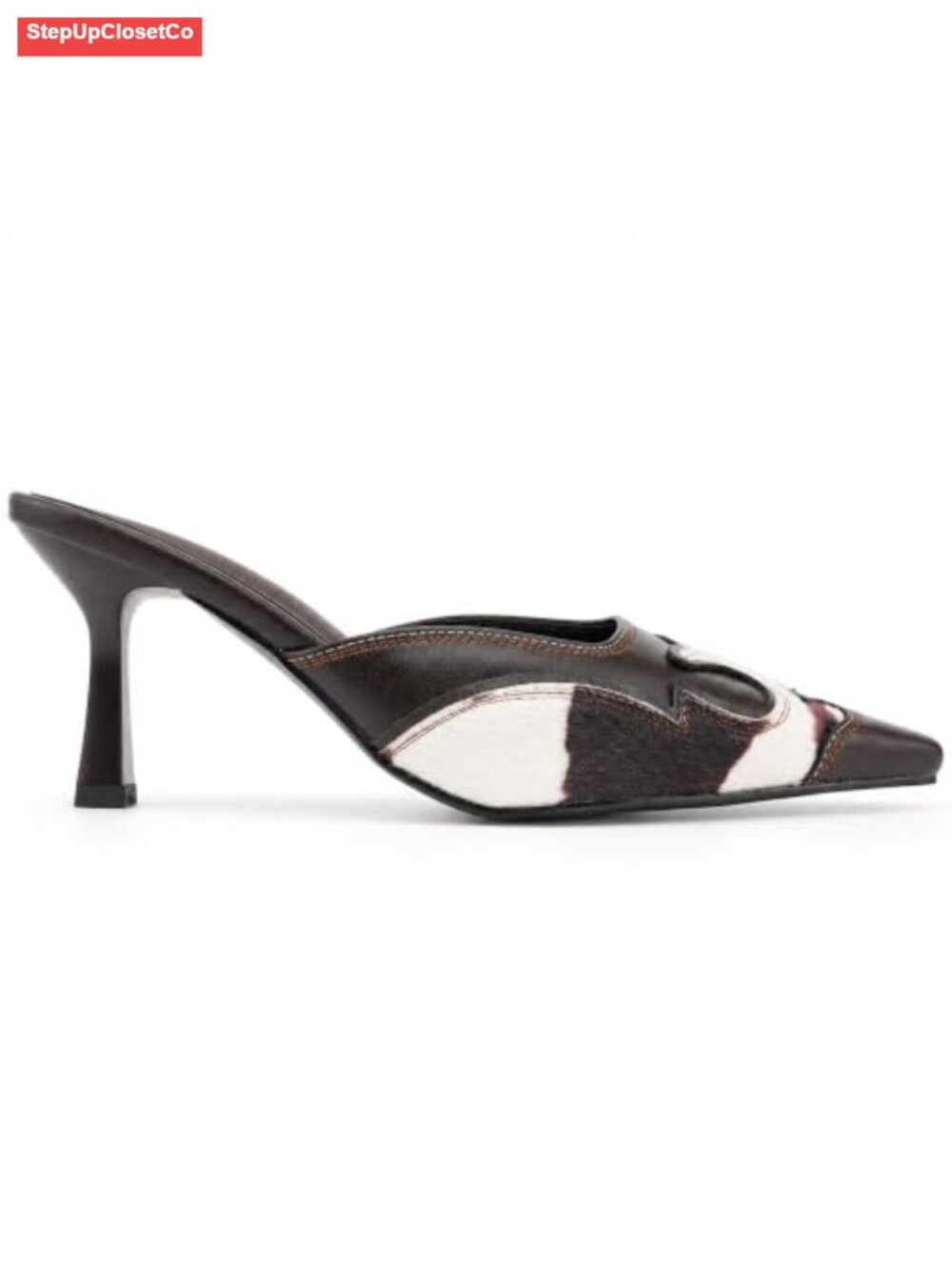 Faux Leather Women Kitten Heel Cow Print Western Backless Pointed Toe Mules